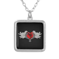 Goth Heart with Angel Wings Silver Plated Necklace