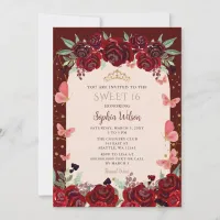 Burgundy Gold Floral Butterflies Sweet 16 Invitation