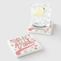 Retro Groovy Holly Jolly Vibes Holiday Photo Stone Coaster