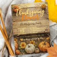 Autumn Pumpkins Leaves on Rustic Wood Thanksgiving Invitation