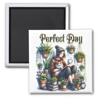Perfect Day | Girl Reading with Cat and Plants Magnet