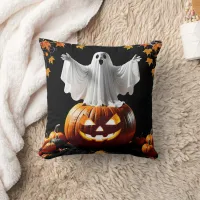 Ghost rises from a pumpkin at dusk throw pillow