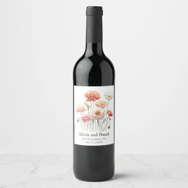 Watercolor Poppy Flowers Pretty Custom Wedding  Wine Label