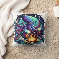 Octopus Playing Drums by a Campfire at Night Throw Pillow