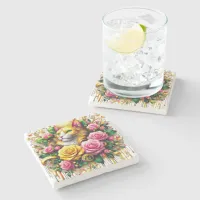 Feline Amidst a Vibrant Floral Bloom Stone Coaster