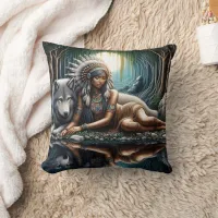 Native American Woman Relaxing By A Wolf Throw Pillow