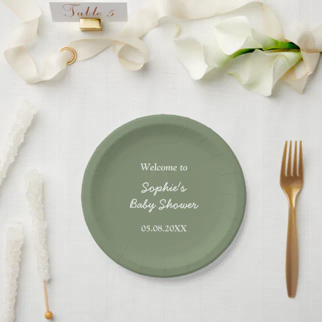 Baby Shower Minimalist Sage Green Paper Plates