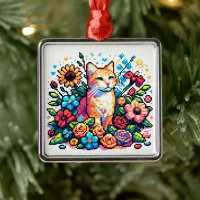 Pixel Art | Cat Sitting in Flowers   Metal Ornament