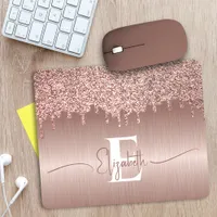 Rose Gold Brushed Metal Glitter Drips Monogrammed Mouse Pad