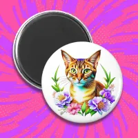 Petals and Purr Cute Cat and Pretty Flowers Magnet