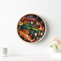 Classic hot rods racing through fiery trails clock