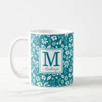 Girly Teal Turquoise Tropical Flowers Monogram Coffee Mug