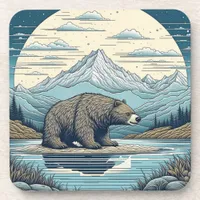 Bear, Mountains, Lake, Full Moon Ai Art Beverage Coaster