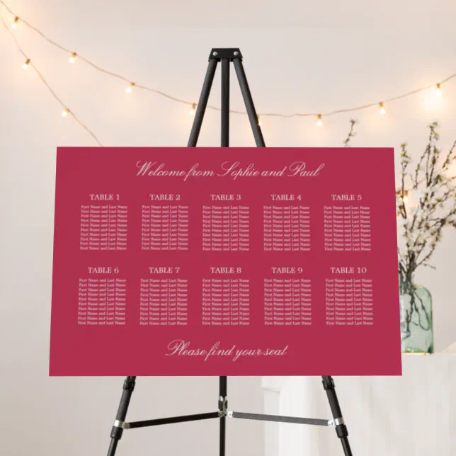 Carmine Magenta 10 Table Wedding Seating Chart Foam Board