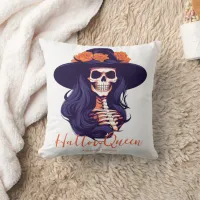 HallowQueen Skeleton Woman White Halloween Throw Pillow