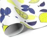 Mediterranean Navy Blue Yellow Lemons Pattern Wrapping Paper