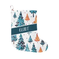 Watercolor Christmas Trees Personalized  Large Christmas Stocking