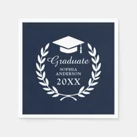 Elegant  Navy Blue Custom Name Graduation Emblem Napkins