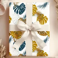 Tropical Gold and Navy Blue Palm Leaves Pattern Wrapping Paper