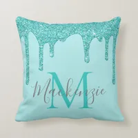 Chic Girly Teal Glitter Drips Monogram Throw Pillow