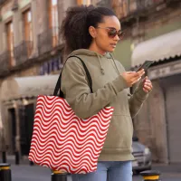 Red White Wavy Stripes Psychedelic Hypnotic Tote Bag