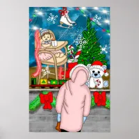Little Girl Looking through a Christmas Window Poster