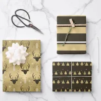 Christmas Deer Antler Stripes Trees Gold/Br ID864 Wrapping Paper Sheets