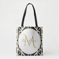 Personalized Geometric Black White Gold Monogram  Tote Bag