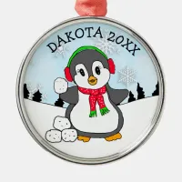 Cute Penguin Throwing Snowballs Christmas Metal Ornament