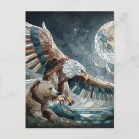 Mosaic Ai Art | Brown Bear and an Eagle Full Moon Postcard