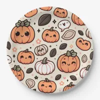 Cute Pumpkins and Pumpkin Seeds Halloween Party Paper Plates