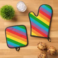 Rainbow Stripe Colourful Oven Mitt & Pot Holder Set