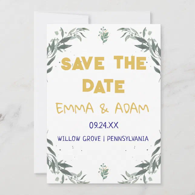 Simple Eucalyptus Greenery Navy Blue and Gold Save The Date