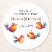 Bird-Themed Baby Shower Cute Watercolor Round Paper Coaster