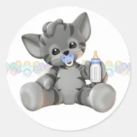 Gray Tiger Kitten Blue Baby Boy Classic Round Sticker