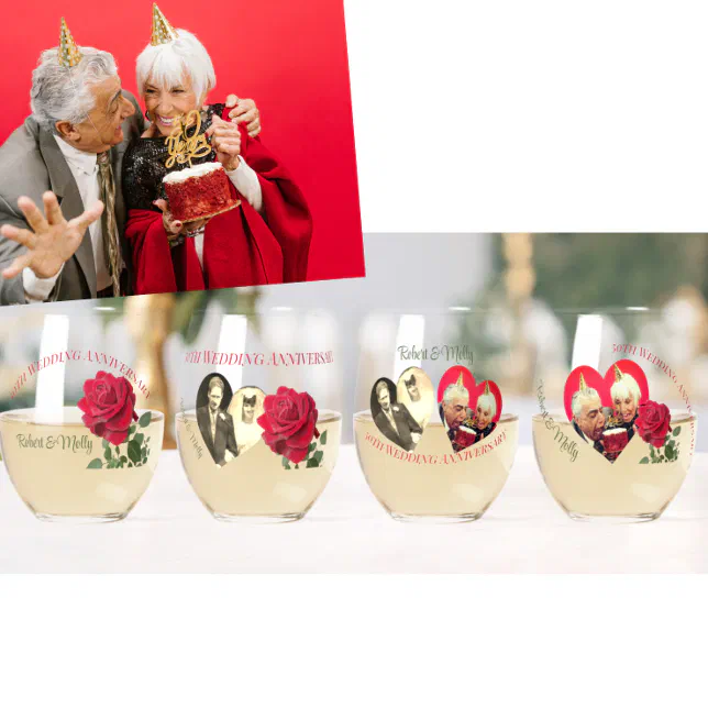 Red Rose custom Anniversary Drinkware set Stemless Wine Glass