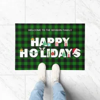 Happy Holidays Christmas Buffalo Check Plaid Green Doormat