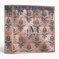 Monogram Metallic Rose Gold & Black Glitter Damask 3 Ring Binder