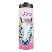 Pretty White Horse Floral Personalized  Thermal Tumbler