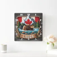 Canadian Beaver With Flag and Mountains Square Wall Clock