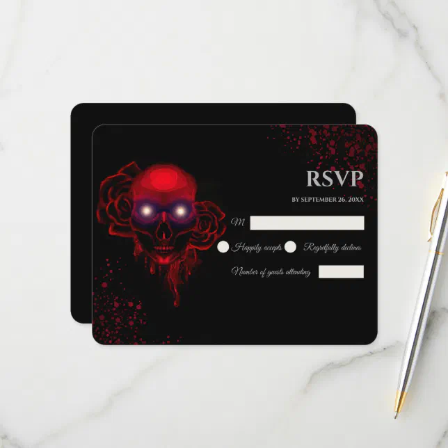 Scary red floral dark moody gothic skull halloween RSVP card