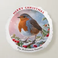 Festive Winter Robin Pretty Watercolor Christmas Round Pillow