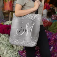 Silver Glitter and Foil Girly Monogrammed Tote Bag