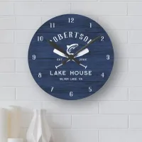 Rustic Lake House Family Name Blue Wood Round Clock