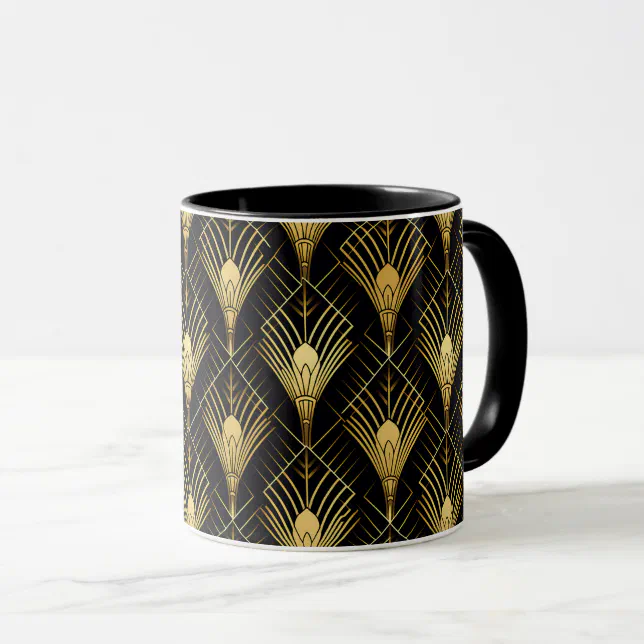 Retro 1920s Art Deco Black Gold Geometric Pattern Mug