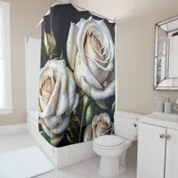 Gorgeous white roses with golden details shower curtain