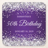 Silver Glitter and Royal Purple 50th Birthday Square Paper Coaster