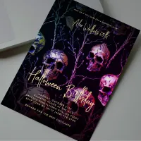 Adult Halloween Birthday Party Gold Purple Skull Invitation