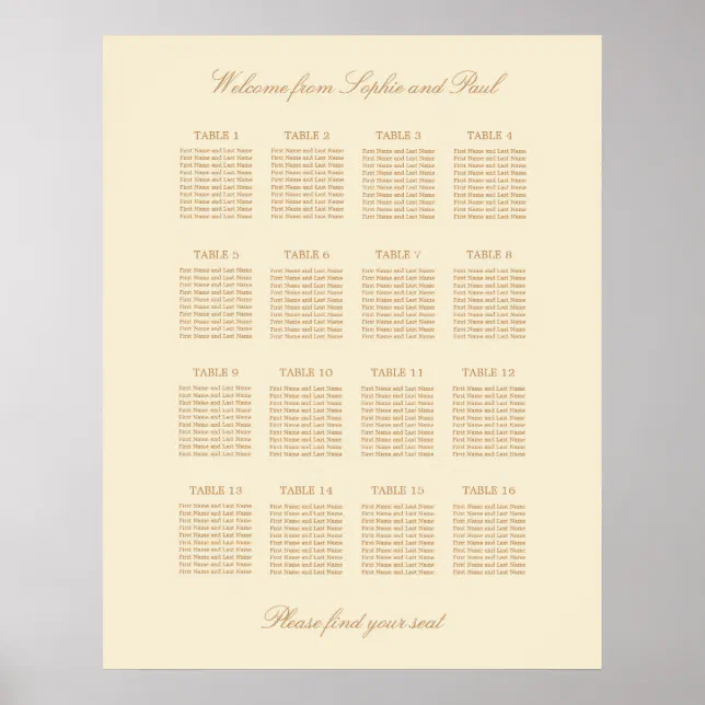 Cream Beige 16 Table Wedding Seating Chart Poster