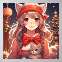 Pretty Anime Girl Holding Kitten Christmas Poster